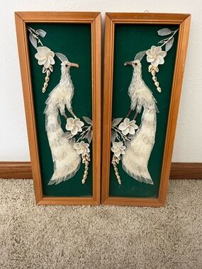 Pair of White Feathered Bird Wall Plaques in Brown Frames. Made from shells.